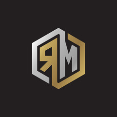 Initial letter RM, looping line, hexagon shape logo, silver gold color on black background