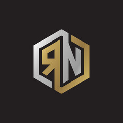 Initial letter RN, looping line, hexagon shape logo, silver gold color on black background
