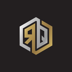 Initial letter RQ, looping line, hexagon shape logo, silver gold color on black background