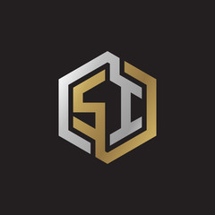 Initial letter SI, looping line, hexagon shape logo, silver gold color on black background