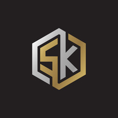 Initial letter SK, looping line, hexagon shape logo, silver gold color on black background