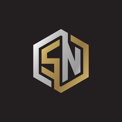 Initial letter SN, looping line, hexagon shape logo, silver gold color on black background