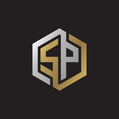 Initial letter SP, looping line, hexagon shape logo, silver gold color on black background