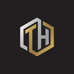 Initial letter TH, looping line, hexagon shape logo, silver gold color on black background - obrazy, fototapety, plakaty
