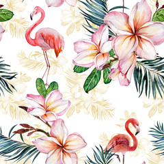 Beautiful flamingo and plumeria flowers on white background. Exotic tropical seamless pattern. Watecolor painting. Hand painted illustration.