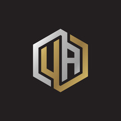 Initial letter UA, looping line, hexagon shape logo, silver gold color on black background