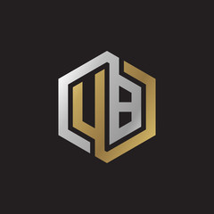 Initial letter UB, looping line, hexagon shape logo, silver gold color on black background