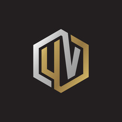 Initial letter UV, looping line, hexagon shape logo, silver gold color on black background