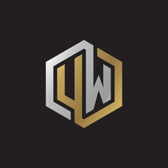 Initial letter UW, looping line, hexagon shape logo, silver gold color on black background