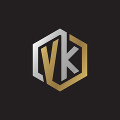 Initial letter VK, looping line, hexagon shape logo, silver gold color on black background