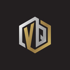 Initial letter VQ, looping line, hexagon shape logo, silver gold color on black background