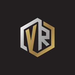 Initial letter VR, looping line, hexagon shape logo, silver gold color on black background