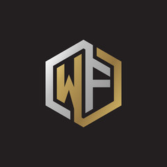 Initial letter WF, looping line, hexagon shape logo, silver gold color on black background