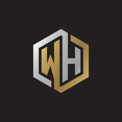 Initial letter WH, looping line, hexagon shape logo, silver gold color on black background