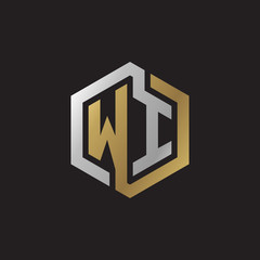 Initial letter WI, looping line, hexagon shape logo, silver gold color on black background