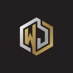 Initial letter WJ, looping line, hexagon shape logo, silver gold color on black background