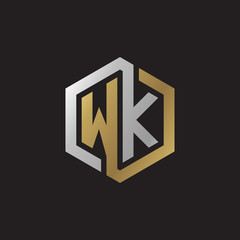 Initial letter WK, looping line, hexagon shape logo, silver gold color on black background