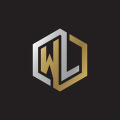 Initial letter WL, looping line, hexagon shape logo, silver gold color on black background