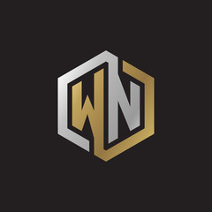 Initial letter WN, looping line, hexagon shape logo, silver gold color on black background