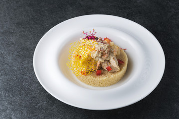 Good serving of couscous cousins with meat and vegetables