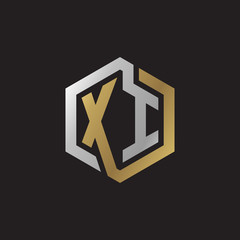 Initial letter XI, looping line, hexagon shape logo, silver gold color on black background