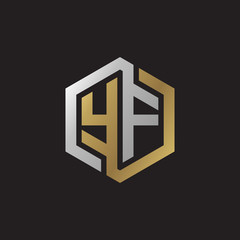 Initial letter YF, looping line, hexagon shape logo, silver gold color on black background