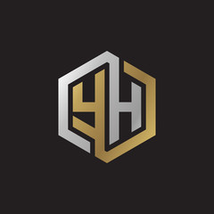 Initial letter YH, looping line, hexagon shape logo, silver gold color on black background