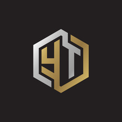 Initial letter YT, looping line, hexagon shape logo, silver gold color on black background