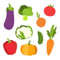 Food icons of different vegetables in flat style on white background