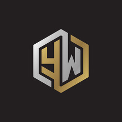 Initial letter YW, looping line, hexagon shape logo, silver gold color on black background