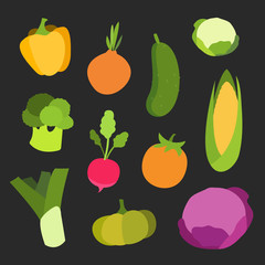 Food icons of different vegetables in flat style on dark background