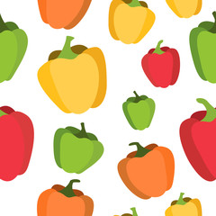Seamless pattern with colorful bell peppers on white background. Kitchen Vector Illustration.