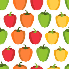 Seamless pattern with colorful bell peppers on white background. Kitchen Vector Illustration.