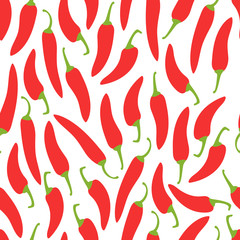 Seamless pattern with red hot chile peppers on white background. Flat vector illustration of chili peppers.