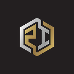 Initial letter ZI, looping line, hexagon shape logo, silver gold color on black background