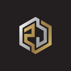 Initial letter ZJ, looping line, hexagon shape logo, silver gold color on black background