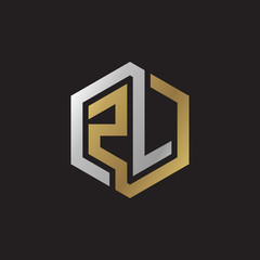 Initial letter ZL, looping line, hexagon shape logo, silver gold color on black background