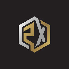 Initial letter ZX, looping line, hexagon shape logo, silver gold color on black background
