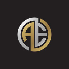 Initial letter AE, looping line, circle shape logo, silver gold color on black background