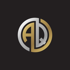 Initial letter AQ, looping line, circle shape logo, silver gold color on black background