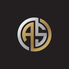 Initial letter AS, looping line, circle shape logo, silver gold color on black background