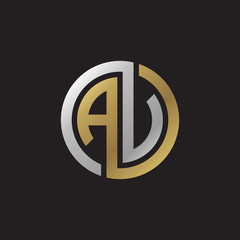 Initial letter AV, AU, looping line, circle shape logo, silver gold color on black background