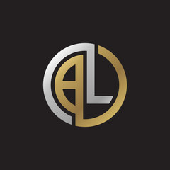 Initial letter BL, looping line, circle shape logo, silver gold color on black background
