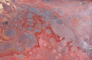 Fototapeta premium Marble abstract acrylic background. Pink and blue marbling artwork texture. Agate ripple pattern. Gold powder.