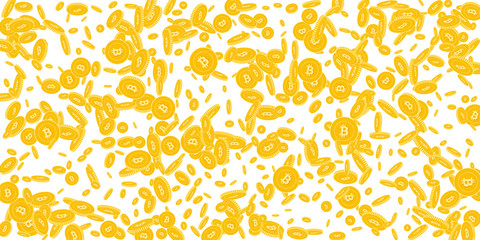 Bitcoin, internet currency coins falling. Scattered disorderly BTC coins on white background. Breathtaking wide scatter vector illustration. Jackpot or success concept.