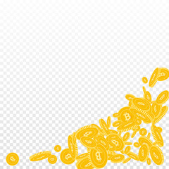 Bitcoin, internet currency coins falling. Scattered floating BTC coins on transparent background. Rare bottom right corner vector illustration. Jackpot or success concept.
