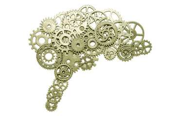 brain of gears on a white background. assembled from the details of the puzzle. Concept business idea, thought process, innovation, industry, invention, mind.