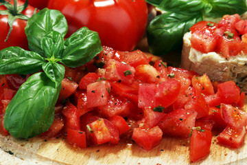 fresh tomato bruschetta. italian food appetizer with basil