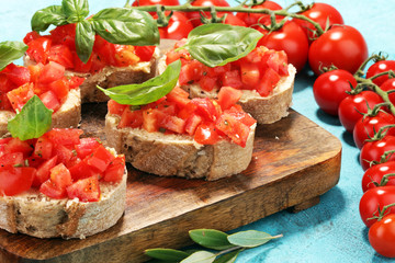 fresh tomato bruschetta. italian food appetizer with basil