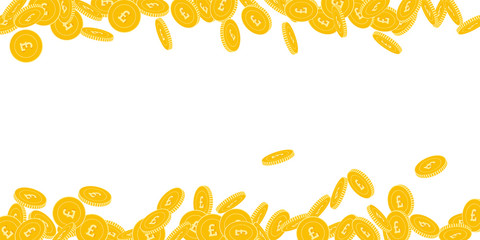 British pound coins falling. Scattered bi GBP coins on white background. Delicate scattered border vector illustration. Jackpot or success concept.